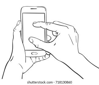 Sketch of hand holding smartphone and finger touching blank screen, Touch display zoom gesture, Hand drawn vector line art illustration isolated on white background
