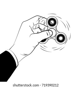 Sketch of a Hand Playing with Popular Fidget Spinner Toy. Vector illustration.