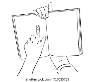 Sketch of hand pointing in open book with blank pages mockup first person view, Hand drawn isolated vector line art illustration