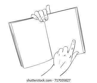 Sketch of hand pointing in open book with blank pages mockup first person view, Hand drawn isolated vector line art illustration