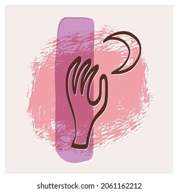 The sketch of a hand reaches for the crescent. Magical, esoteric poster, abstract banner. Hand-drawn shapes, textures and line art in trendy pastel palette. 