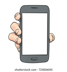 Sketch of hand showing mockup smartphone, Template for advertising banner, Hand drawn vector colored line art illustration isolated on white background