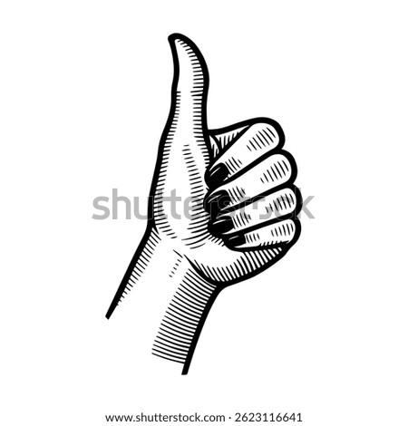 Sketch of a hand showing thumbs up. Engraving style. Vector isolated on background.