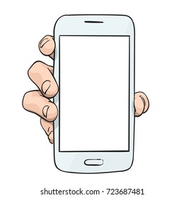 Sketch of hand showing white mockup smartphone, Template for advertising banner, Hand drawn vector colored line art illustration isolated on white background