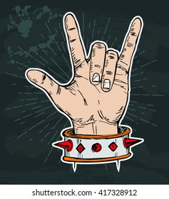 sketch of  hand sign rock n roll music on black board, vector illustration