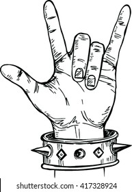 boceto de la música rock en rollo de señas de mano en fondo blanco, ilustración vectorial