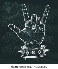 sketch of  hand sign rock n roll music on black board, vector illustration