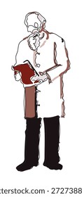 Esboço Desenho à mão vetor desenho O cientista idoso lê um relatório de pesquisa