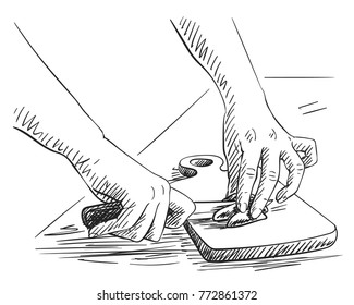 Sketch of hands carefully chopping small vegetable or fruit on cutting board, Hand drawn vector illustration with hatched shades