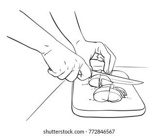 Esbozo de las manos de corte de verdura o fruta en la tabla de corte, ilustración de la línea vector dibujada a mano
