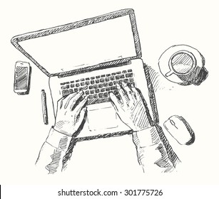 Esboço de mãos com computador, homem fazendo trabalho de escritório, vista superior, ilustração vetorial desenhada à mão.