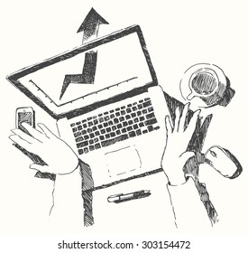 Sketch of hands with computer, man doing office work, top view, hand drawn vector illustration.