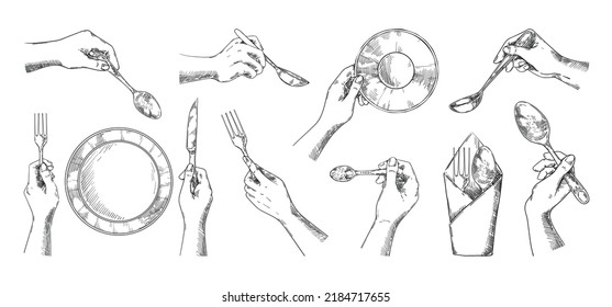Sketch hands with cutlery. Top view of vintage dish on dinner table. Fork and knife in arms. Napkin and spoon. Lunch serving. Person holding silverware. Vector isolated tableware set