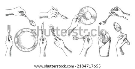 Sketch hands with cutlery. Top view of vintage dish on dinner table. Fork and knife in arms. Napkin and spoon. Lunch serving. Person holding silverware. Vector isolated tableware set