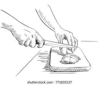 Dibujo de corte manual de verduras en la tabla de corte, ilustración vectorial dibujada a mano