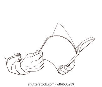 Sketch of hands flipping through book, Hand drawn isolated vector line art illustration