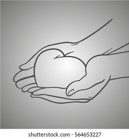 sketch of hands with heart. Line art hand of lovers. Line valentines day. Card for lovers.
