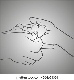 sketch of hands with heart. Line art hand of lovers. Line valentines day. Card for lovers.
