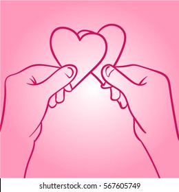 sketch of hands with heart on pink background. Love line art. Greeting card for Valentine's Day. Line hands of couple.