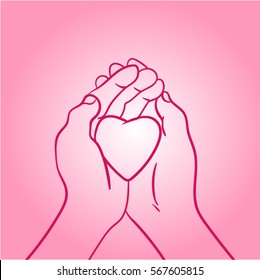sketch of hands with heart on pink background. Love line art. Greeting card for Valentine's Day. Line hands of couple.