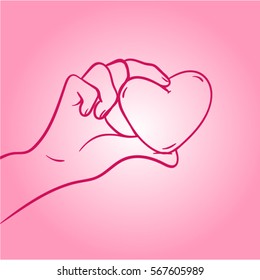 sketch of hands with heart on pink background. Love line art. Greeting card for Valentine's Day. Line hands of couple.
