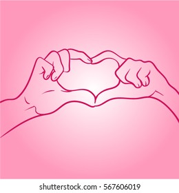 sketch of hands with heart on pink background. Love line art. Greeting card for Valentine's Day. Line hands of couple.