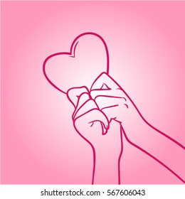 sketch of hands with heart on pink background. Love line art. Greeting card for Valentine's Day. Line hands of couple.
