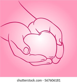 sketch of hands with heart on pink background. Love line art. Greeting card for Valentine's Day. Line hands of couple.