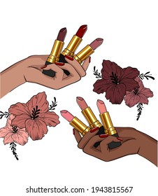 sketch of hands holding lipsticks different colors