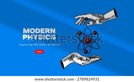 Sketch hands holding nuclear atom symbol or molecule. Laboratory medicine science concept. Isolated vector illustration of two hands holding a physical particle atom