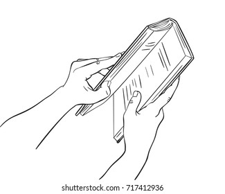 Sketch of hands open book first person view, Hand drawn isolated vector line art illustration