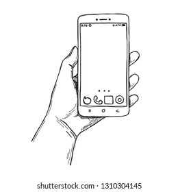 Sketch hands with the phone isolated on a white background. Vector illustration.