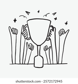 Sketch of hands raising a trophy, symbolizing victory and teamwork. Celebration of success with stars and confetti. Winning and achievement. Simple black line art doodle vector.