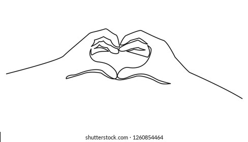 Sketch of hands showing heart shape gesture isolated on white. Heart from hands continuous one line drawing. Vector elements, symbol of love and health. Minimalistic contour illustration.