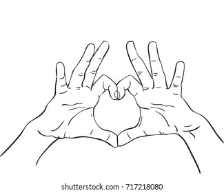 Esbozo de manos que muestran gesto de forma cardíaca, ilustración de línea vectorial dibujada a mano