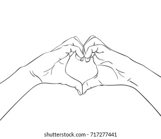Sketch of hands showing heart shape gesture, Hand drawn vector line art illustration
