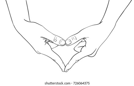 Sketch of hands showing heart shape gesture made of fingers, Hand drawn vector line art illustration