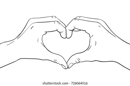 Sketch of hands showing heart shape gesture, Hand drawn vector line art illustration