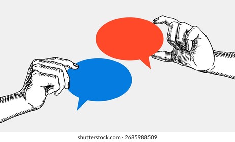 Dibuja las manos con burbujas de discurso. Concepto de collage de moda de comunicación, conversación, trabajo en equipo, interacción social, chat en línea, discusión de negocios. Ilustración vectorial dibujada a mano retro.