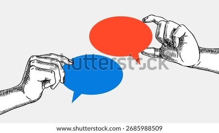 Sketch hands with speech bubbles. Trendy collage concept of communication, conversation, teamwork, social interaction, online chat, business discussion. Retro hand drawn vector illustration.