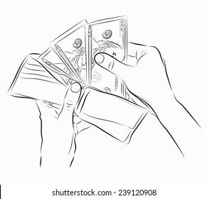 Sketch of hands taking money from open wallet