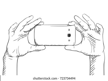 Sketch of hands taking photo with smartphone, Hand drawn vector illustration with hatched shade isolated on white background