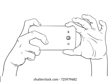 Sketch of hands taking photo with smartphone, Hand drawn vector line art illustration isolated on white background