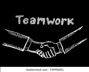 sketch of handshake with "teamwork" text hand drawn
