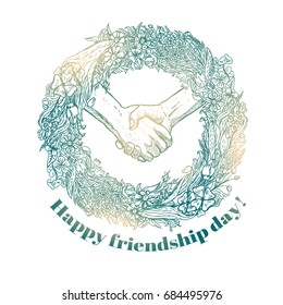 Sketch of handshake with a wreath of flowers. Friendship day design. Hand drawn hands. Vector illustration