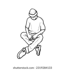 Sketch Handsome boy or guy or man sit on ground with beanie isolated on white background vector modern illustrations