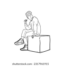 Sketch Handsome boy or man or guy sitting on box isolated on white background vector modern illustrations