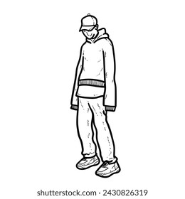 Sketch Handsome boy or man or guy with Hoodie cap long tshirt shoes cool pose isolated on white background vector modern illustrations