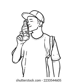 Sketch handsome boy take his wine orang tua isolated on white background vector modern illustrations