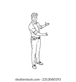 Sketch Handsome guy presenting pose something isolated on White background vector modern illustrations